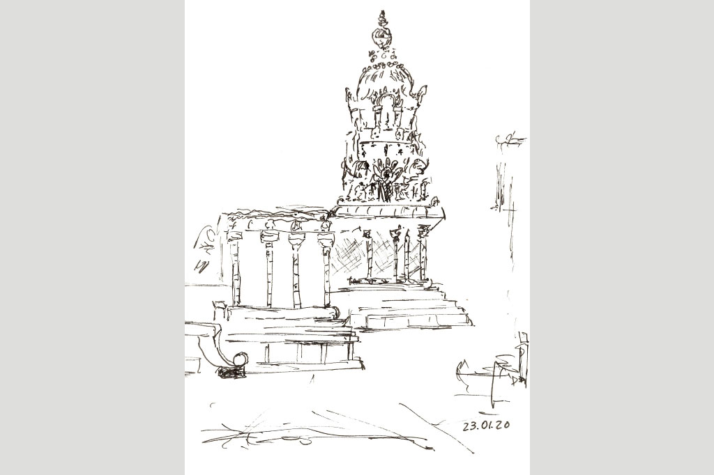 Elke Traue, "Airavateshwara Tempel" 2020, 14 x 21 cm, Zeichnung, 40.- €, 01624587977