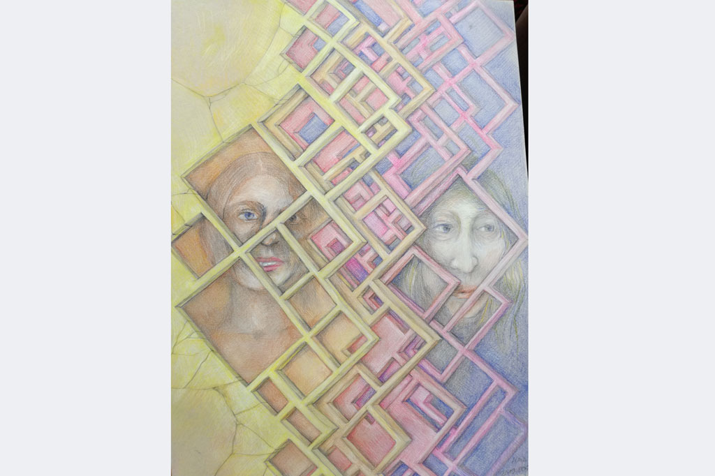 Myrah Adams, "Kontaktsperre" Bleistift und Buntstift auf Karton, 70x50 cm