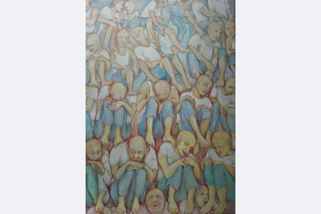 Myrah Adams: Einer trage des anderen Last Zeichnung Bleistift und Buntstift auf Karton, 100x70 cm
