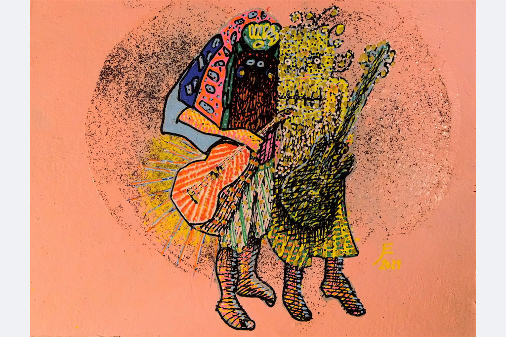 Jörg Eberwein "Zwei Musiker mit Masken", Acryl und Schellack auf Büttenpapier, 15 x 10,5 cm, 2021