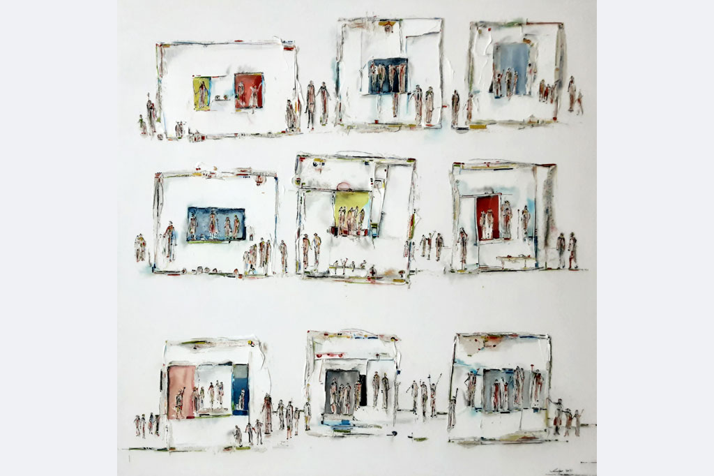 Hans-Jürgen Knupfer, Menschen in "OFFENEN" Räumen 2021, Malerei auf Leinwand, 80x80 cm, 1600,- €