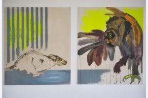 Charlotte Paulus-Weik, "Karambaaaaah!", Diptychon, Acryl und Eitempera auf ungrundierter Leinwand. Größe je 95 x 80 cm (oder zusammen 95 x 160 cm)